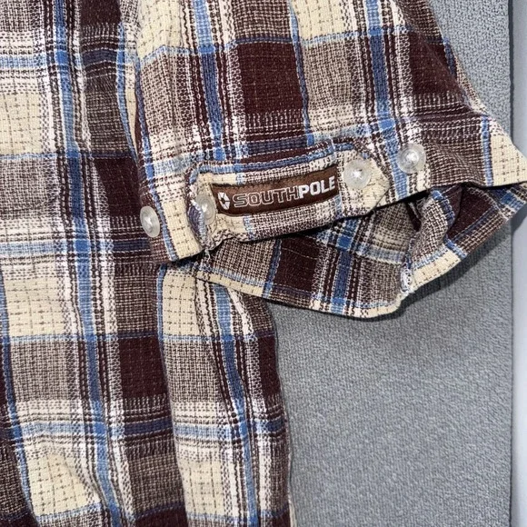 Vtg SouthPole Shirt Mens XL Brown Plaid Flannel Button Down 90s Y2K Hip Hop - Picture 6 of 9